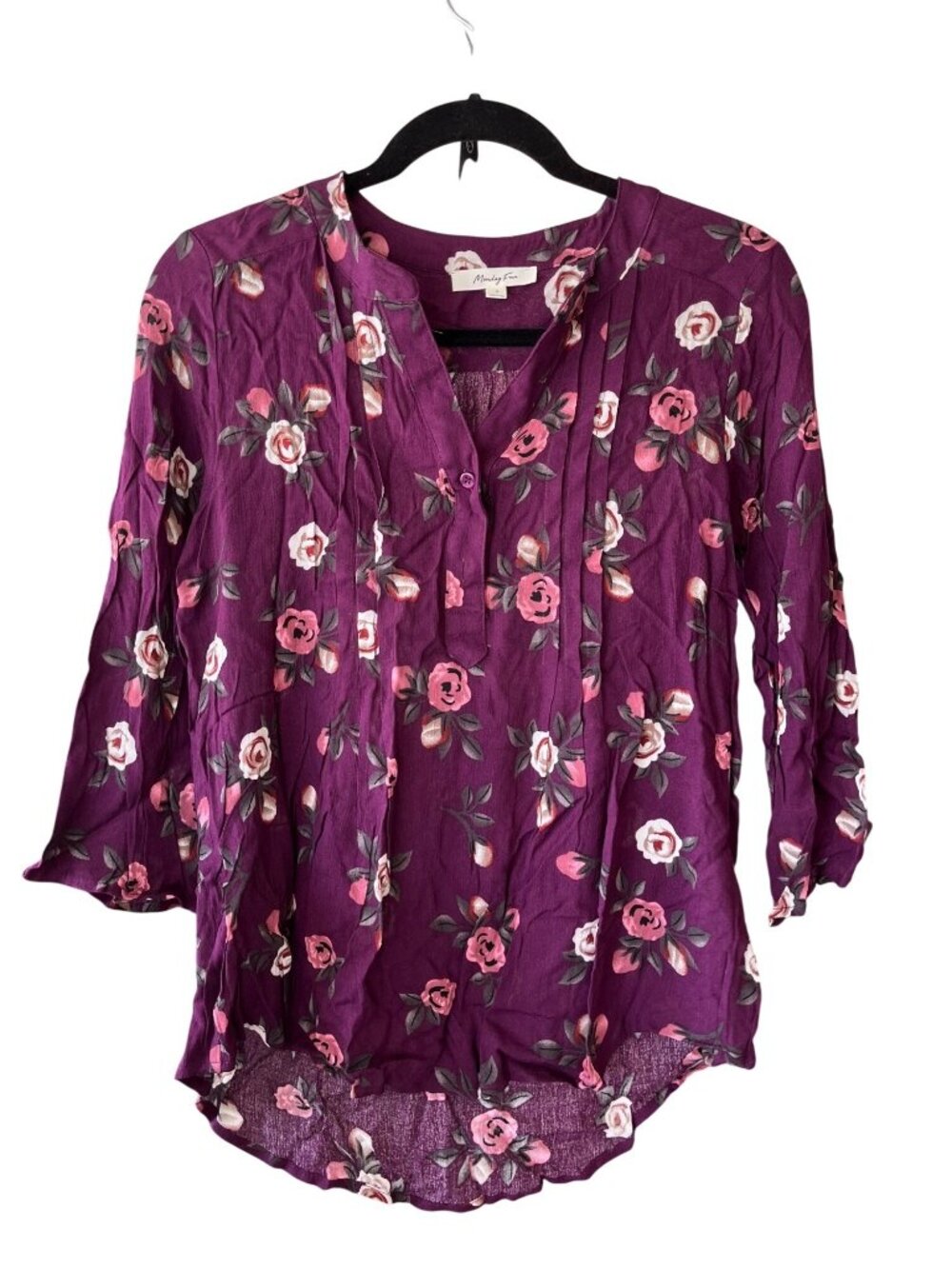 Monday Fun Purple Floral Hi-Low Blouse 3/4 Sleeve V-Neck Small